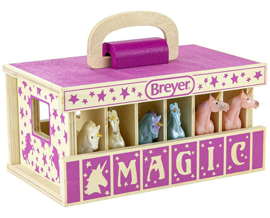 BREYER UNICORN MAGIC WOOD CARRY STABLE WITH 6 UNICORNS
